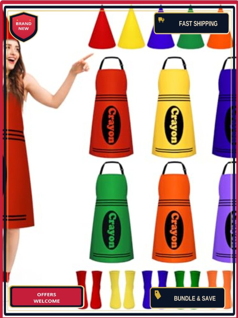 6pc Crayon Costume Set Adult Single Color Cone Hat Apron Socks Halloween Group